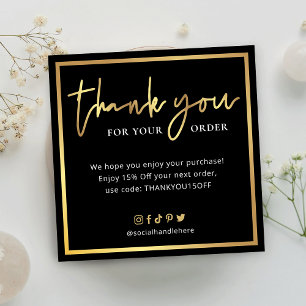 Elegant Black & Guld Script Logotyp Tack Order Anteckningskort