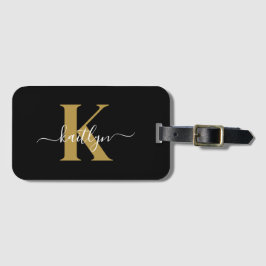 Elegant Black Guld Script Monogram Bagagebricka