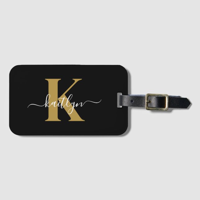 Elegant Black Guld Script Monogram Bagagebricka (Framsida horisontal)