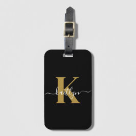 Elegant Black Guld Script Monogram Bagagebricka