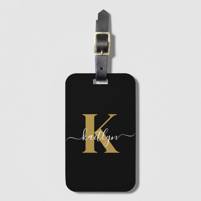 Elegant Black Guld Script Monogram Bagagebricka (Framsida vertikal)