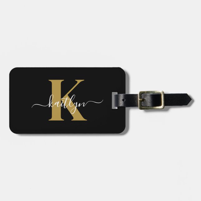 Elegant Black Guld Script Monogram Bagagebricka (Horisontell Framsida)