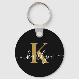 Elegant Black Guld Script Monogram Nyckelring