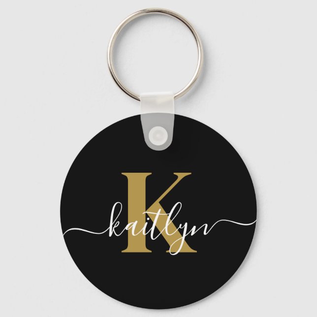 Elegant Black Guld Script Monogram Nyckelring (Framsida)