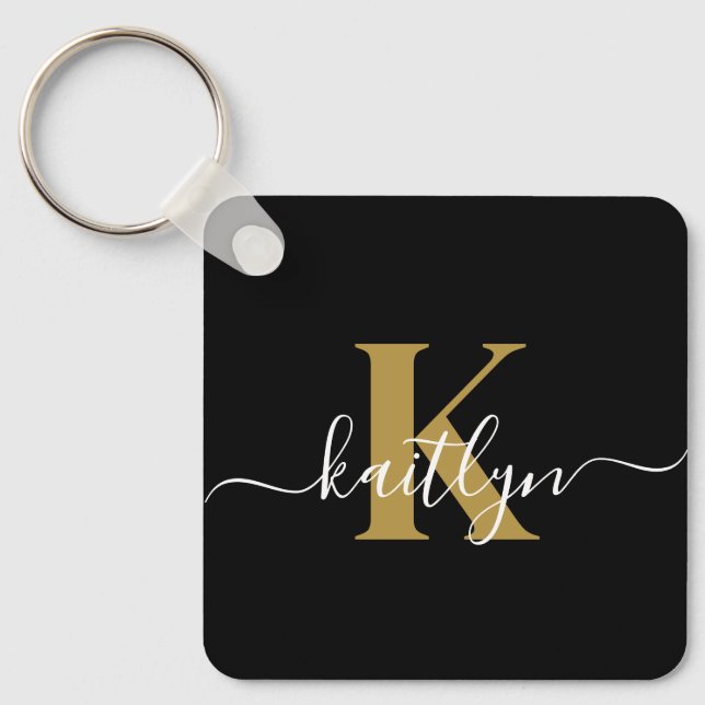 Elegant Black Guld Script Monogram Nyckelring (Framsida)