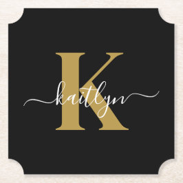 Elegant Black Guld Script Monogram Underlägg Papper