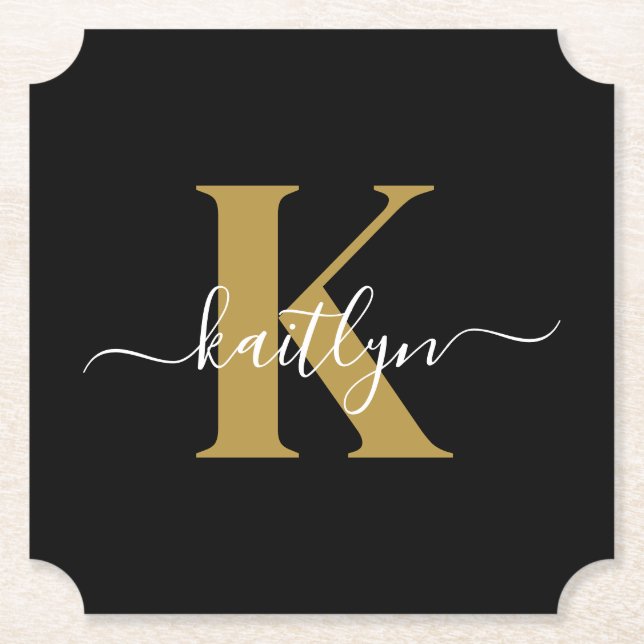 Elegant Black Guld Script Monogram Underlägg Papper (Framsida)