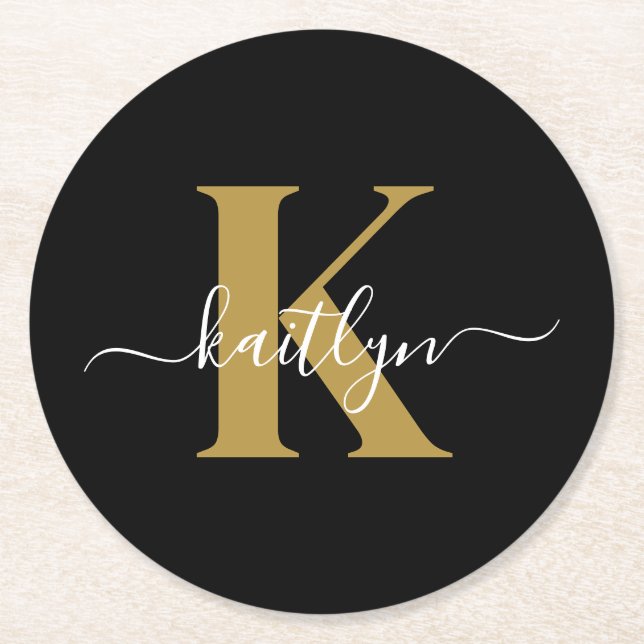 Elegant Black Guld Script Monogram Underlägg Papper Rund (Framsidan)