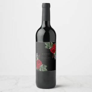 Elegant Black & Guld Script Red Blommigt Bröllop Vinflaska Etikett