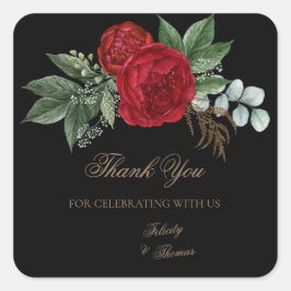 Elegant Black & Guld Script Red Blommigt Tack Fyrkantigt Klistermärke