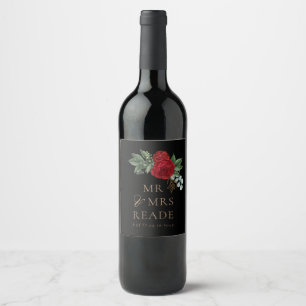 Elegant Black & Guld Script Red-Blommigt Vinflaska Etikett