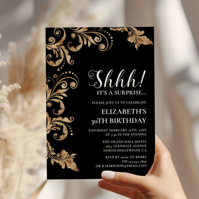 Elegant Black & Guld Shhh Surprise Party Birthday Inbjudningar (Skapare uppladdad)