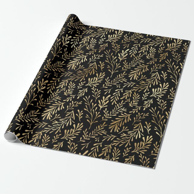 Elegant Black Guld Shimmer Botanical Löv Birthday Presentpapper (Utrullad)