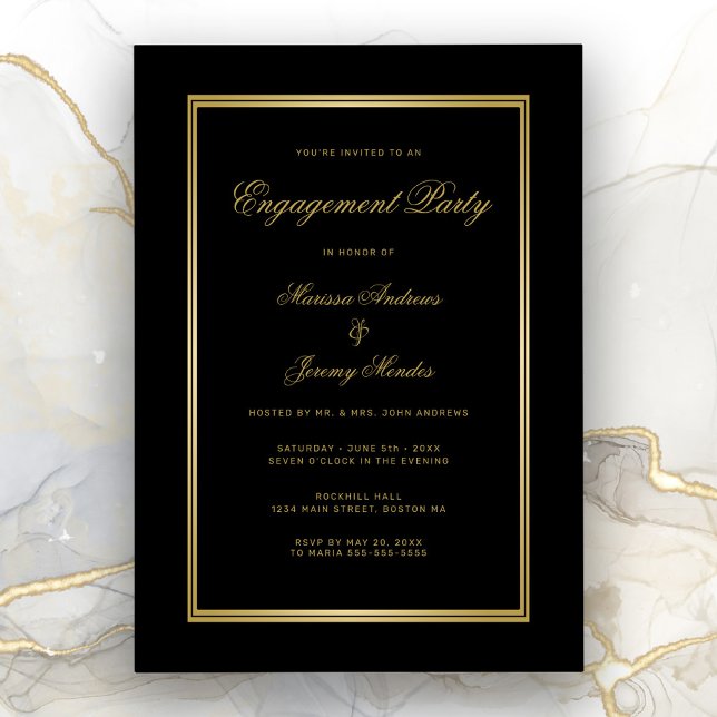 Elegant Black Guld-skript, Förlovningsfest Inbjudningar (Elegant Black and Gold Engagement Party Invitation)