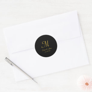 Elegant Black & Guld-skript Monogram Bröllop Runt Klistermärke
