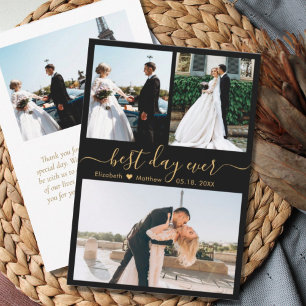 Elegant Black Guld-skript Photo Collage Bröllop Tack Kort