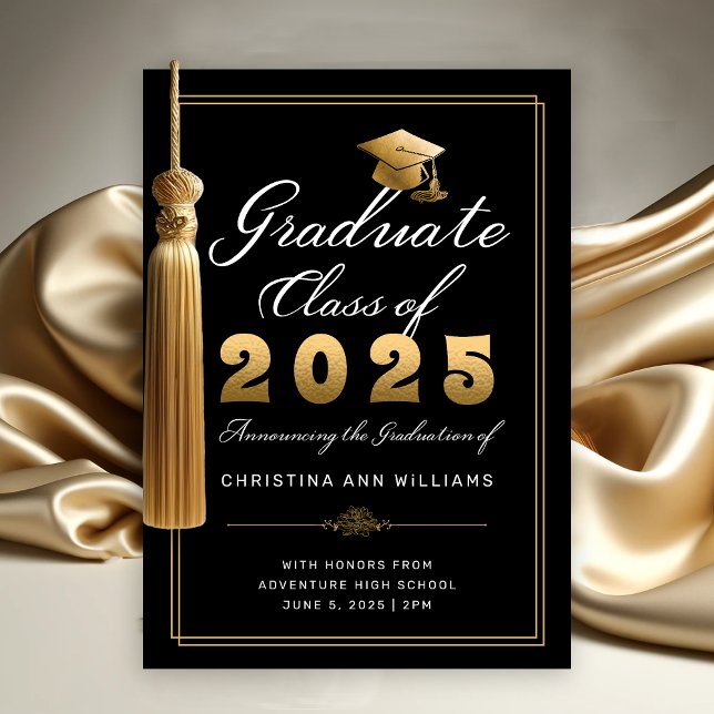 Elegant Black Guld-skriptklass för 2025 Studenten Meddelande (Elegant Gold White Script on Black with thin gold frame Graduation Announcement)