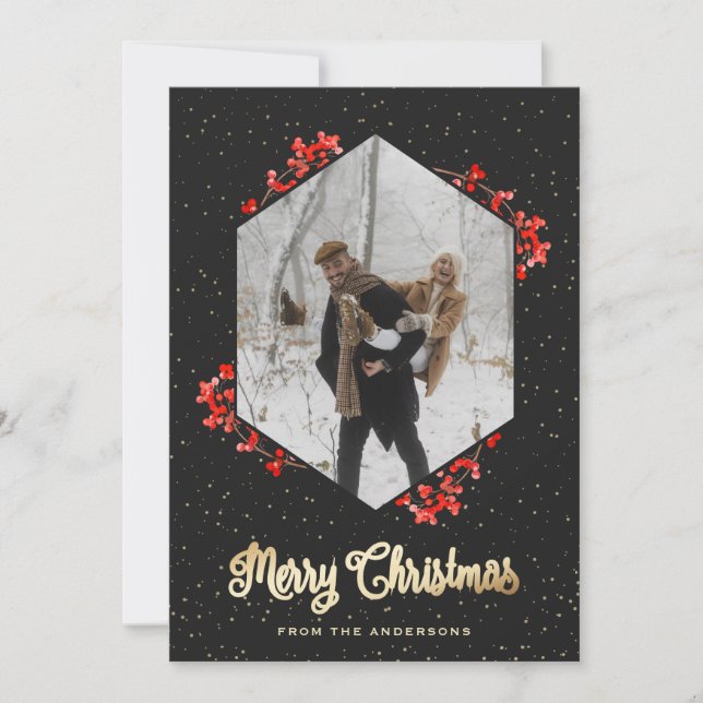 Elegant Black Guld Snö Red Berries Photo Julkort (Framsida)