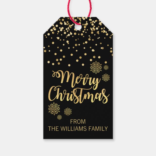 Elegant Black Guld Snöflingor God jul Presentetikett (Framsidan)