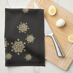 Elegant Black & Guld Snöflingor jul Kökshandduk