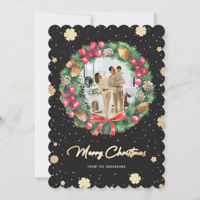 Elegant Black Guld Snöflingor Utandning Foto på Julkort (Framsida)