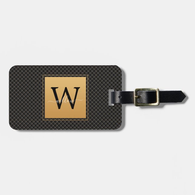 Elegant Black Guld Snyggt Monogram Script Travel Bagagebricka (Horisontell Framsida)