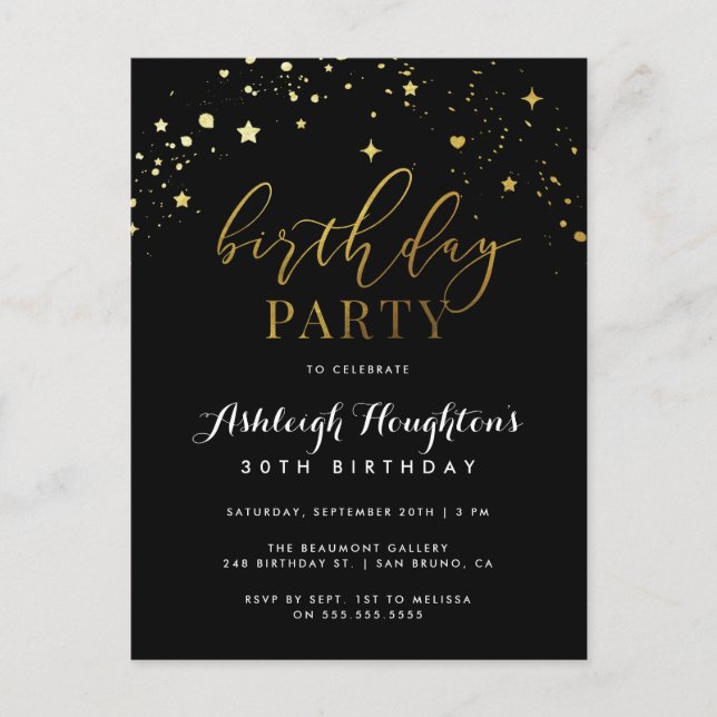 Elegant Black & Guld Star Confetti Birthday Inbjudan Vykort (Framsida)