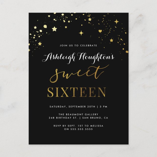 Elegant Black & Guld Star Confetti Sweet 16 Inbjudan Vykort (Framsida)