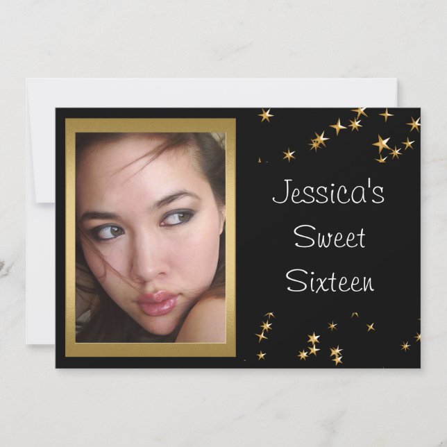 Elegant Black Guld Stars Photo Sweet 16 Inbjudningar (Framsida)