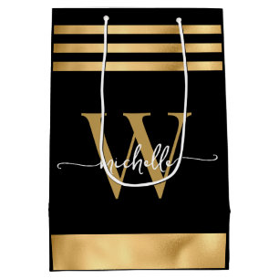 Elegant Black Guld Stripe Monogram Girly Script