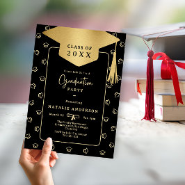 Elegant Black & Guld Student Hat Studentfest Inbjudningar