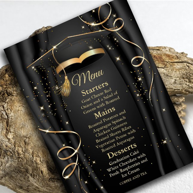 Elegant Black & Guld Studenten Inbjudningar (Elegant Black & Gold Graduation Invitation #menu #zazzlemade #graduationdinner #blackandgoldmenu)