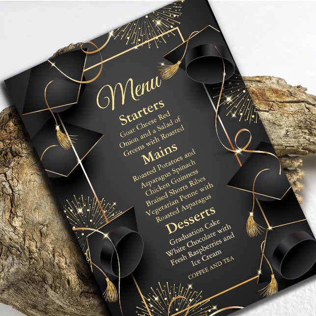 Elegant Black & Guld Studenten Inbjudningar (Elegant Black & Gold Graduation Invitation #menu #zazzlemade #dinner #graduationparty #blackgold )