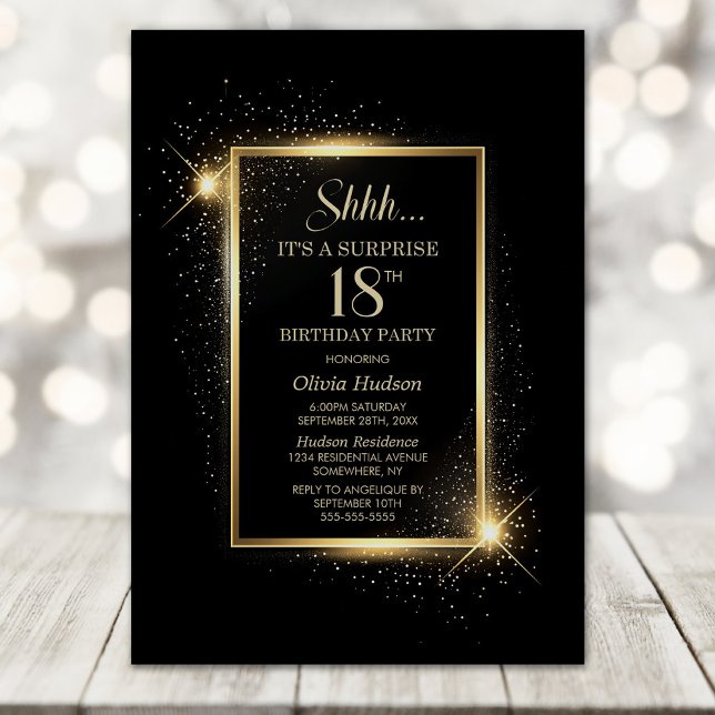 Elegant Black Guld Surprise 18:e Födelsedagsfesten Inbjudningar (Skapare uppladdad)