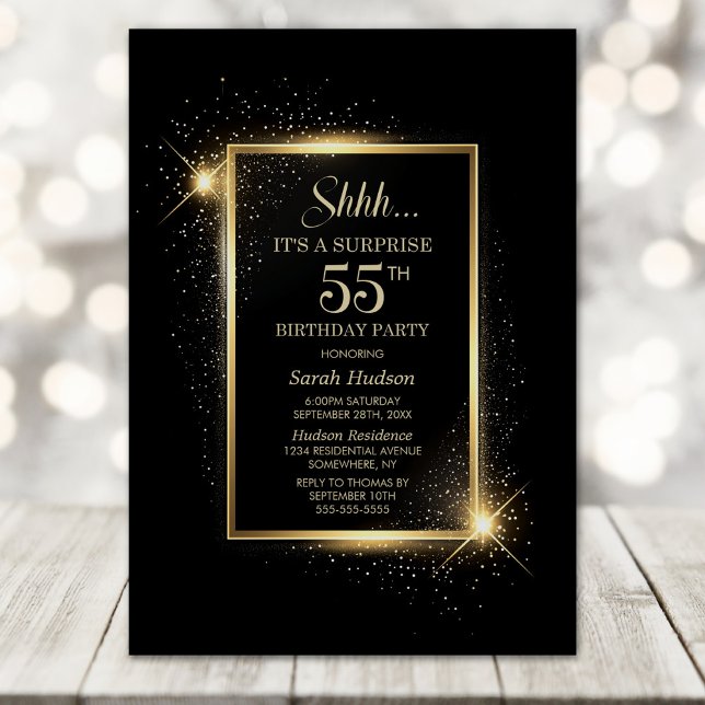 Elegant Black Guld Surprise 55:e Födelsedagsfesten Inbjudningar (Skapare uppladdad)