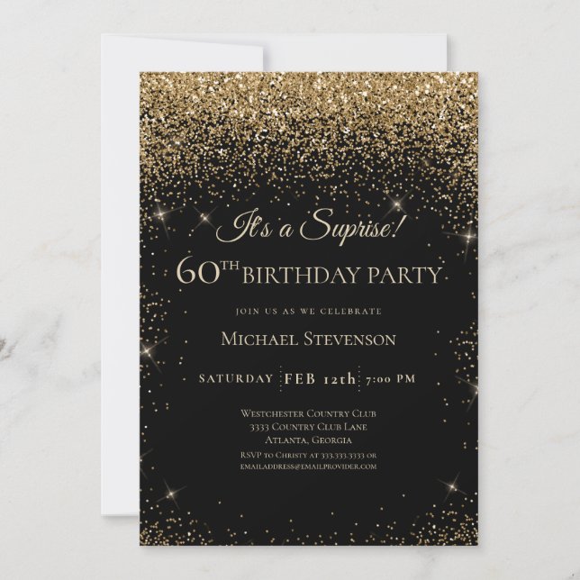 Elegant Black Guld Surprise 60:e Födelsedagsfesten Inbjudningar (Framsida)