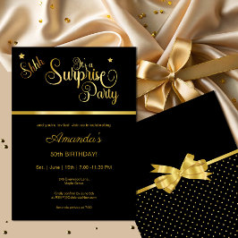 Elegant Black & Guld Surprise Födelsedagsfest Inbjudningar