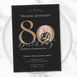 Elegant Black Guld Surprise Photo 80 Birthday Inbjudningar