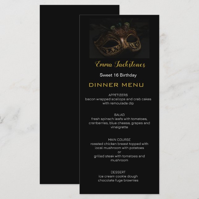 Elegant Black Guld Sweet 16 maskerad mask Meny (Fram/baksida)