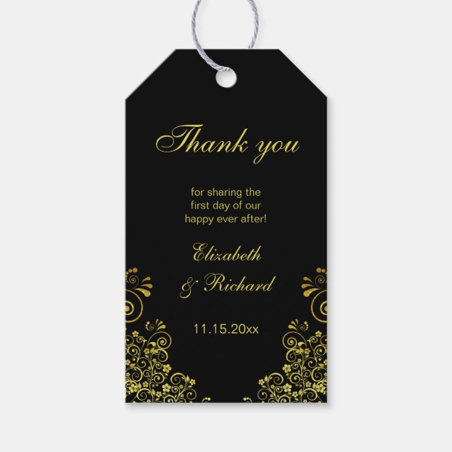 Elegant Black Guld Swirls Tack Presentetikett (Framsidan)