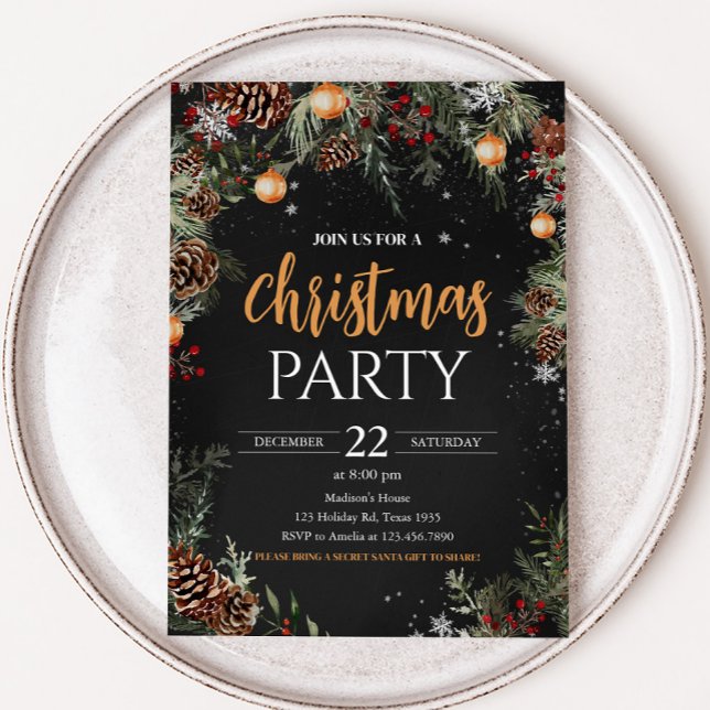Elegant Black Guld Vuxen Company jul Party Inbjudningar (Elegant Adult Company Christmas Party Invitation)