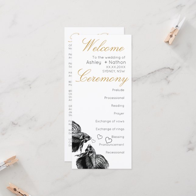 Elegant Black Guld Watercolor Fish Bröllop (Fram/Back In Situ)