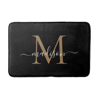 Elegant Black Guld White Monogram Girly-skript Badrumsmatta