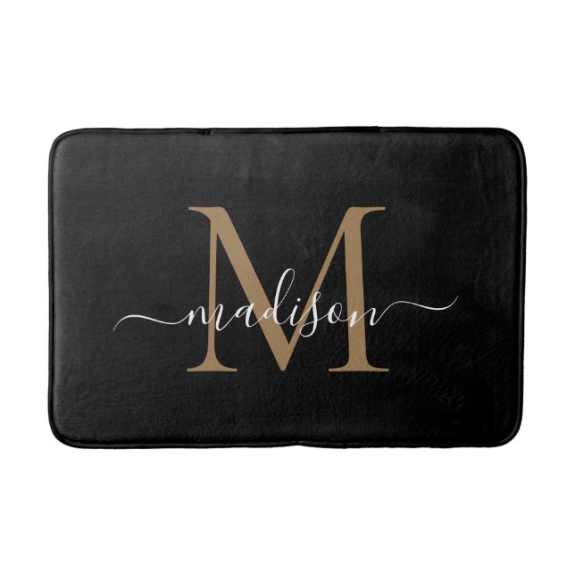Elegant Black Guld White Monogram Girly-skript Badrumsmatta (Framsidan)