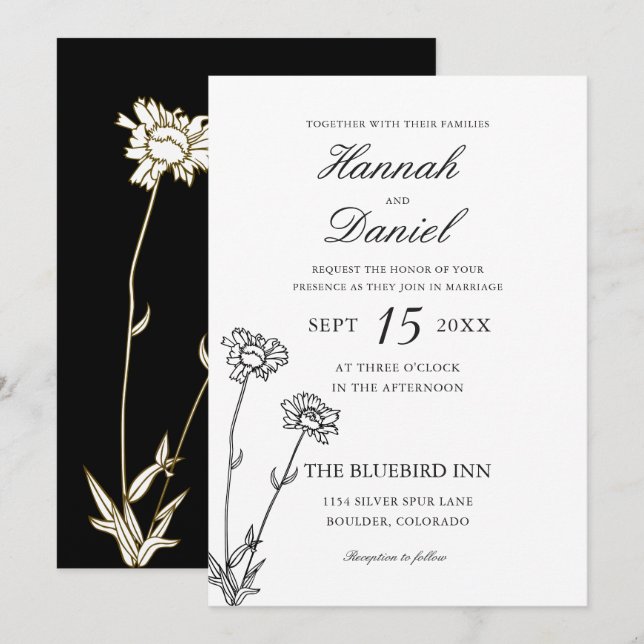 Elegant Black & Guld Wildblomsbröllop - inbjudan (Fram/baksida)