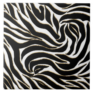Elegant Black Guld Zebra White Animal Print Kakelplatta