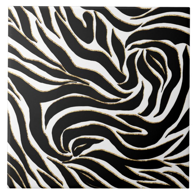 Elegant Black Guld Zebra White Animal Print Kakelplatta (Framsidan)