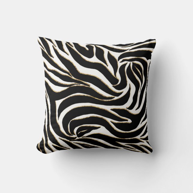 Elegant Black Guld Zebra White Animal Print Kudde (Framsida)
