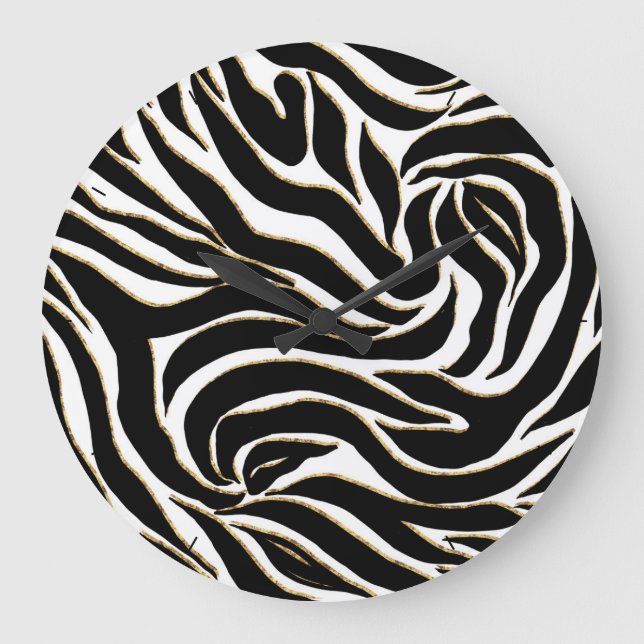 Elegant Black Guld Zebra White Animal Print Stor Klocka (Framsida)