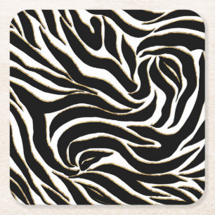 Elegant Black Guld Zebra White Animal Print Underlägg Papper Kvadrat